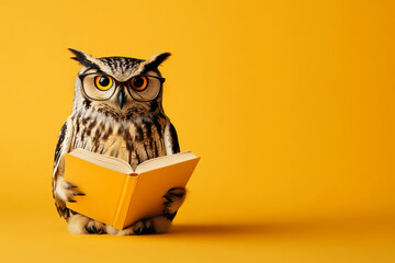 Wise owl reading a book, symbolizing education, knowledge, and learning on a yellow background.