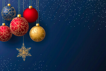 festive red and gold christmas ornaments hanging against a dark blue background with falling snowfla