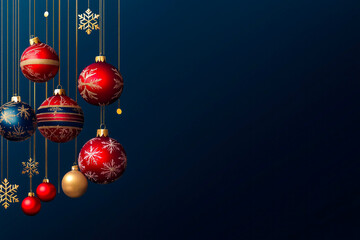 Blue backdrop adorned with red and gold ornaments and snowflakes