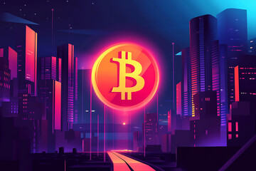 Poster - A vibrant cityscape featuring a glowing Bitcoin symbol, representing cryptocurrency and technology.