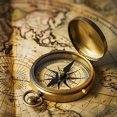 vintage compass resting on antique map for exploration