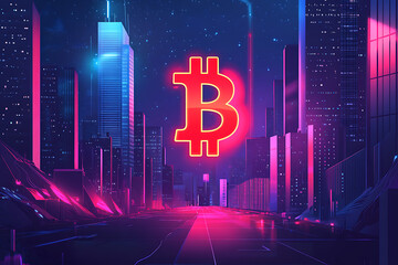 Poster - A futuristic cityscape featuring a prominent Bitcoin symbol in neon colors.