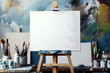 © john - Wooden easel with blank canvas and painting tools near color wall in artist's room.