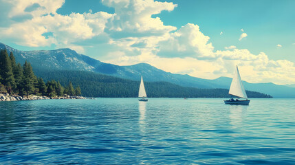 Wall Mural - Stunning Lake View with Sailboats and Mountains