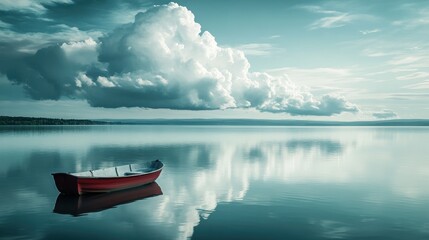 Wall Mural - Serene Red Rowboat on Calm Lake with Dramatic Cloudy Sky Reflections in Tranquil Nature Landscape