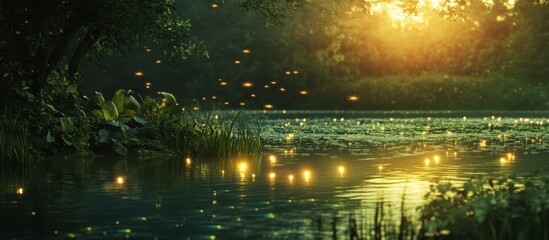 Wall Mural - Enchanting Forest Pond at Sunset with Glowing Fireflies and Lush Greenery