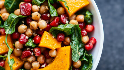 Canvas Print - Close-up of a colorful salad with chickpeas, butternut squash, and pomegranate seeds