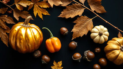 Poster - Autumnal Still Life with Pumpkins, Nuts, and Leaves