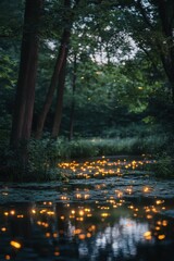 Wall Mural - Enchanting Forest with Fireflies Illuminating a Serene Pond at Dusk