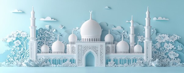 3D paper art depicting an Islamic architectural background with domes and minarets in a serene floral setting