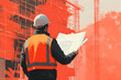 © Krisz G - A construction worker in a high-visibility vest and hard hat, standing on a building site, holding a blueprint, with cranes and scaffolding in the background