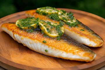 Two grilled fish steak with lemon sauce and herbs, on a wooden board.