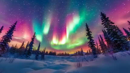 Wall Mural - Enchanting Aurora Borealis Display Over Snowy Forest