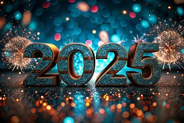 The banner. Happy New Year and Merry Christmas. Shiny 2025 numbers, sequins and a beautiful bokeh on a dark background. The flyer. Invitation.