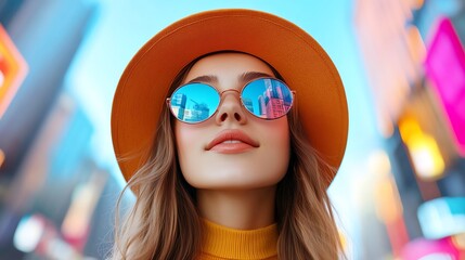 Wall Mural - Young woman in stylish hat and sunglasses, vibrant city background.