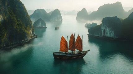 Wall Mural - Tranquil Bay with Sailing Ship and Misty Islands