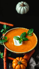 Wall Mural - Creamy Pumpkin Soup with Fresh Herbs and Whipped Cream