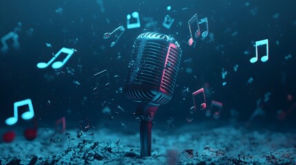 Poster - A captivating image showcasing a glowing microphone surrounded by a mesmerizing display of floating musical notes all set against a soft dreamlike bokeh background