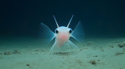 Poster - A close up detailed view showcasing the unique features of a tripod fish as it stands upright on the ocean floor highlighting its elongated fins and the marine environment it inhabits