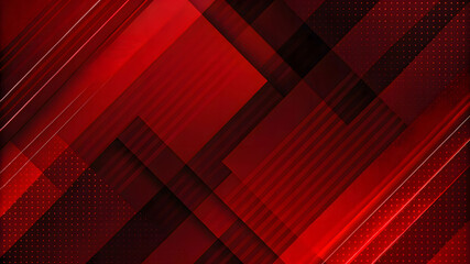 Poster - 3d red geometric abstract background overlaps layer on dark space with diagonal lines decoration. mo