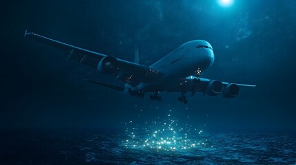 Poster - A commercial aircraft flying high above the mysterious Bermuda Triangle revealing an extraordinary sight beneath the ocean s surface   a mesmerizing display of glowing