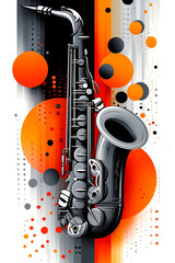 A saxophone is shown in a painting with orange and black circles. The painting has a modern and abstract style, with the saxophone being the main focus. The orange and black colors create a bold