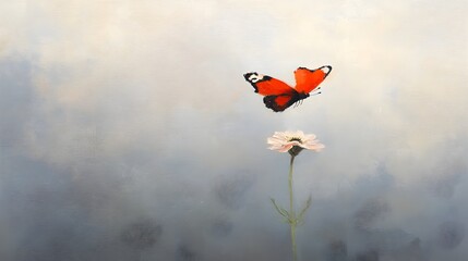 Aufkleber - A delicate and captivating digital showcasing a single butterfly gently perched on a vibrant blooming flower painted with fluid flowing brushstrokes that create a serene and aesthetic