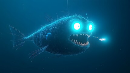 Poster - A detailed and captivating view of a fierce black dragonfish with its sharp teeth and glowing underbelly showcasing the mysterious and ominous creature lurking in the depths of the ocean