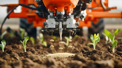 Poster - A detailed close up shot showcasing the intricate mechanical components of a seed drill as it precisely places seeds into the soil
