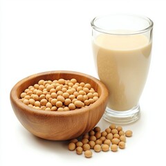 Wall Mural - Closeup of soy beans in wooden bowl with soy milk in glass isolated on white background.