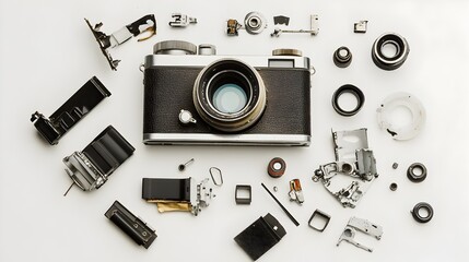 A disassembled old vintage with its broken and parts scattered isolated on a clean white background showcasing the intricate mechanical details and inner workings of the photographic equipment