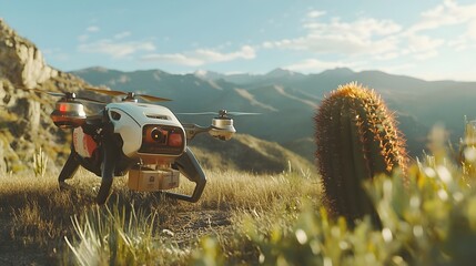 Poster - A futuristic drone autonomously delivering a package to a remote cactus in a desert landscape showcasing the efficiency and innovation of future delivery services