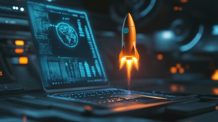 Wall Mural - A futuristic rocket hovers above a laptop, illuminated by vibrant digital interfaces, symbolizing advanced technology and space exploration.