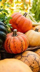 Canvas Print - Closeup of colorful pumpkins in a basket