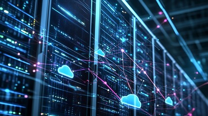 Poster - Rows of servers with glowing blue lights and cloud icons connected by lines.