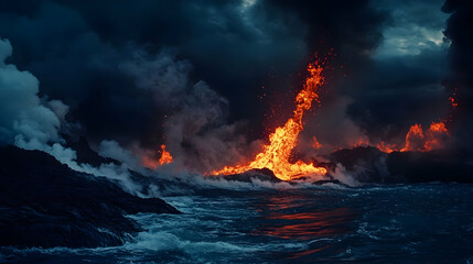 fiery volcano eruption: lava flowing into the ocean