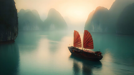 Wall Mural - Traditional Vietnamese Boat Sailing Through Misty Bay