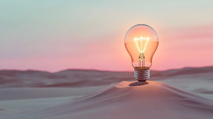Aufkleber - A large illuminated light bulb partially buried in the desert sand glowing brightly as the sun sets