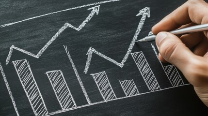 Hand sketching profit increase with large, clear arrows on a blackboard, illustrating business growth and upward trends.