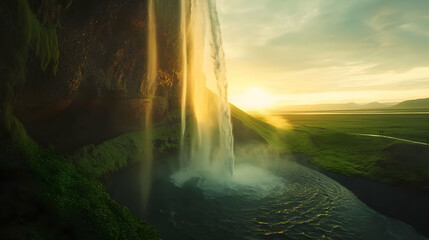 Wall Mural - Waterfall at Sunset in Iceland