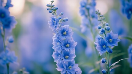 Poster - Beautiful blue delphinium flowers blooming in a lush garden during springtime, capturing the essence of nature's vibrant palette