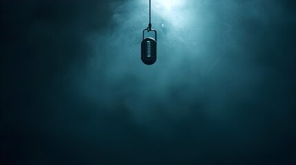 Poster - A microphone suspended from a thin wire in a dark misty environment with beams of light shining through creating a dramatic and ethereal atmosphere