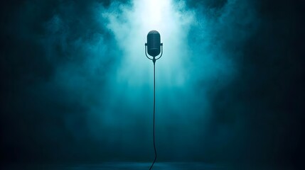 Poster - A minimalist and image showcasing a microphone suspended from a thin wire in a dark misty environment with dramatic beams of light shining through the atmospheric setting