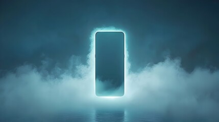 Leinwandbilder - A minimalist modern smartphone standing upright its sleek form glowing softly and enveloped in a captivating veil of mist and fog creating an ethereal