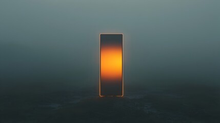 Aufkleber - A modern smartphone standing upright in the misty moody atmosphere its display glowing softly as the fog swirls around its edges creating a minimalist mysterious and ethereal scene
