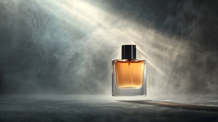 Fototapete - A perfume bottle hovers majestically within a dense ethereal fog its contours delicately illuminated by subtle rays of light that lend an aura of mystery and allure