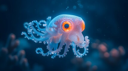 Poster - A shot of a bioluminescent bobtail squid with its glowing body and tiny luminescent tentacles showcasing the unique and mysterious nature of this captivating deep sea creature