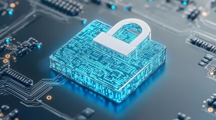 3d lock icon floating in a digital matrix with lines of code and firewalls, representing online priv