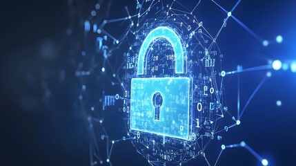 3D lock icon floating in a digital matrix with lines of code and firewalls, representing online privacy, data protection, and cyber security
