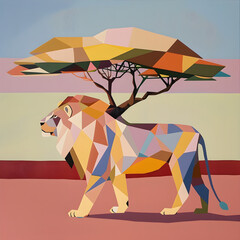 Geometric lion walking under a colorful acacia tree